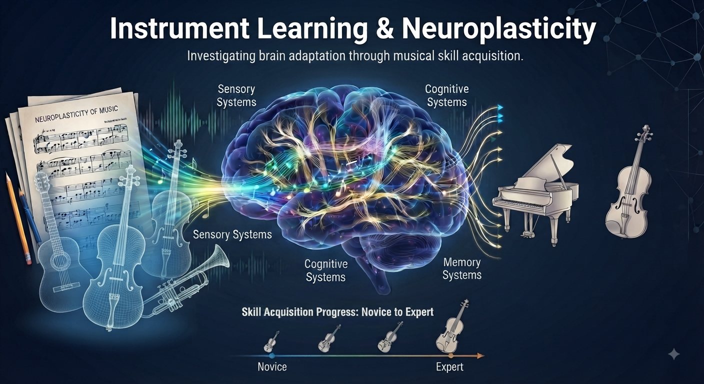 Diagram of a brain connected to musical instruments, illustrating sensory, cognitive, and memory systems engaged during instrument learning, from novice to expert