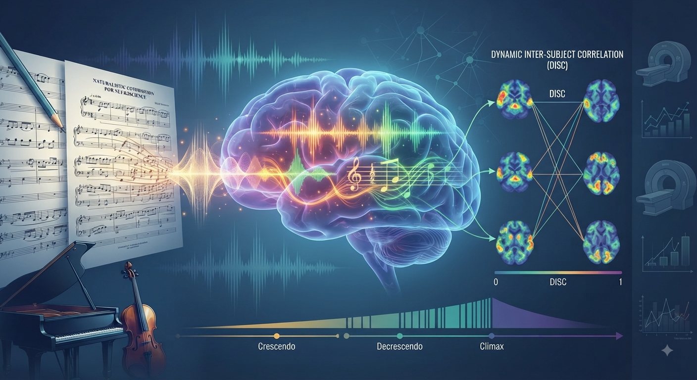 Illustration of a brain processing an original musical composition, with waveforms, sheet music, and dynamic inter-subject correlation (DISC) brain maps
